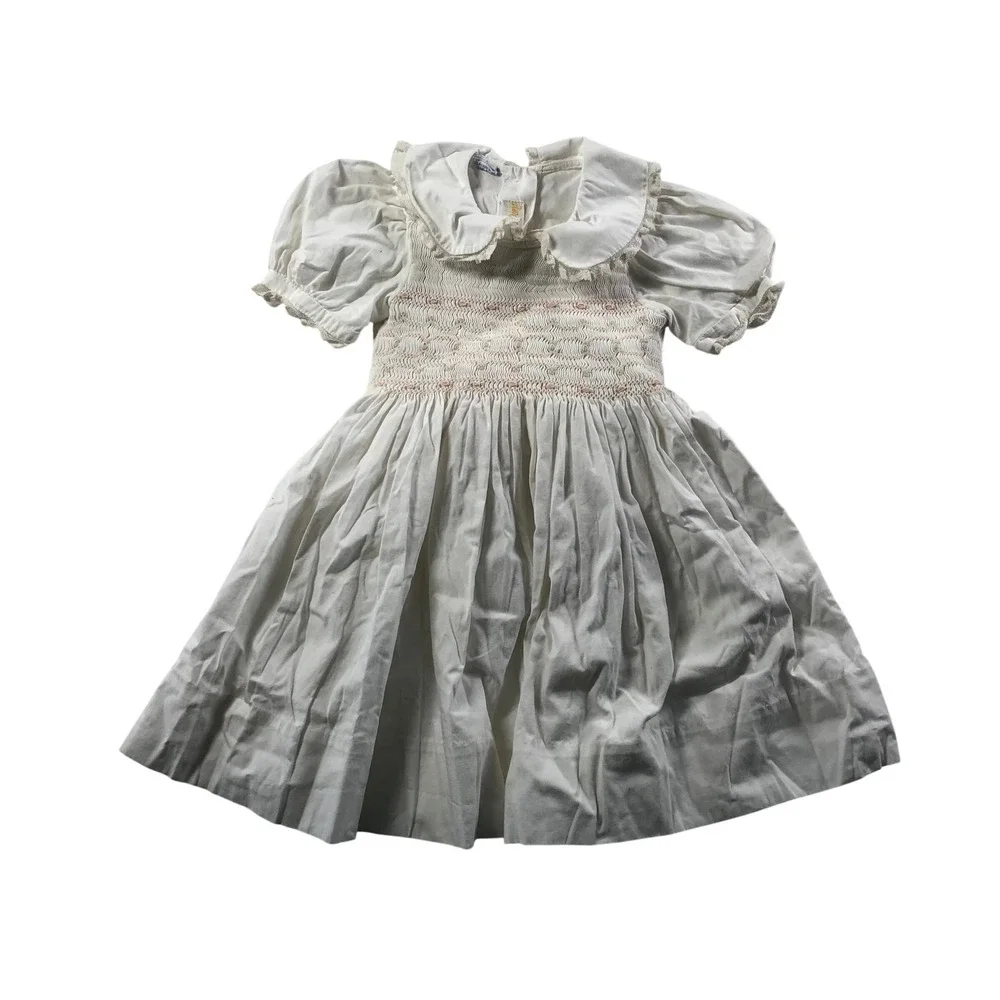 Anavini Vintage White Cotton Smocked Dress Pink Floral Embroidery Lace Size 3